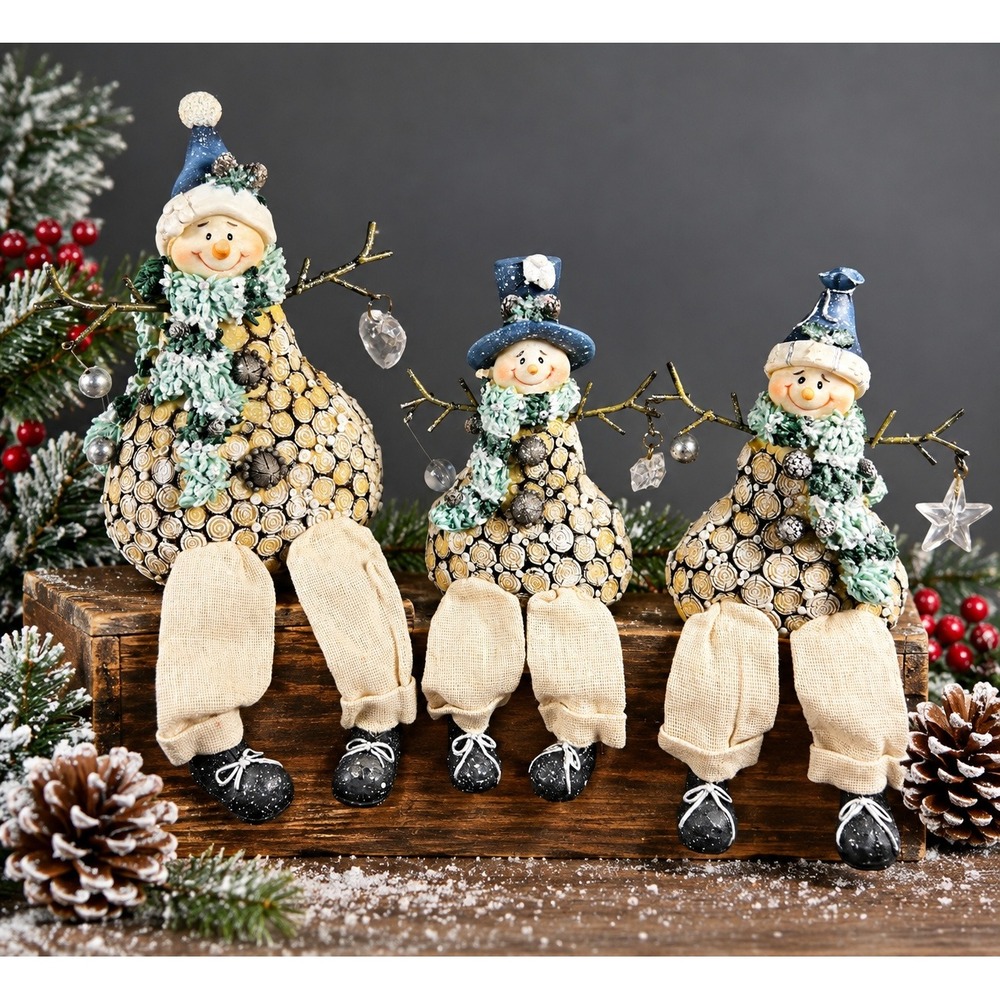 Set of 3 Rustic Snowman Shelf Sitters Christmas Decor Wood Log Print Figurines